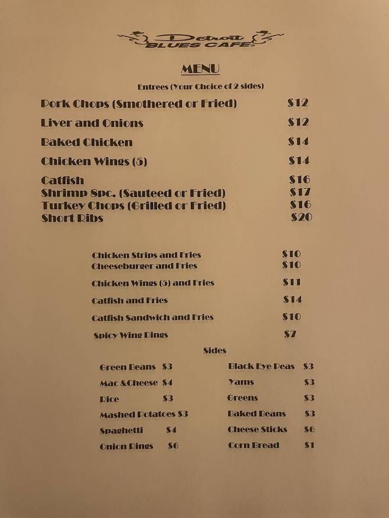 Detroit Blues Cafe Menu 1